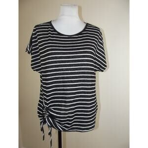 Lavish Women Ruched Side Tie TOP Size LARGE Short Sleeve Black White Stripe NEW